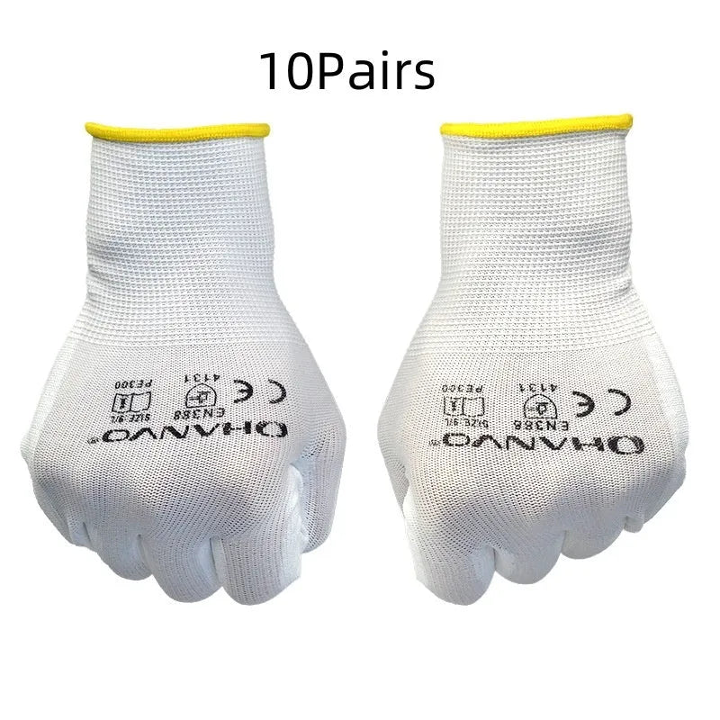 White PU coated labour gloves showing flexible material, laid flat to display 24cm length and size tag.