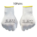 White PU coated labour gloves showing flexible material, laid flat to display 24cm length and size tag.