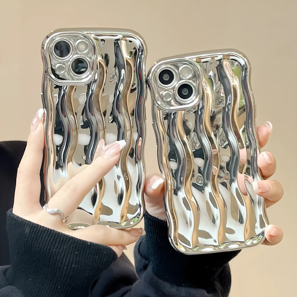 Electroplated wave stripe texture TPU protective case for iPhone 17 series in silver finish.