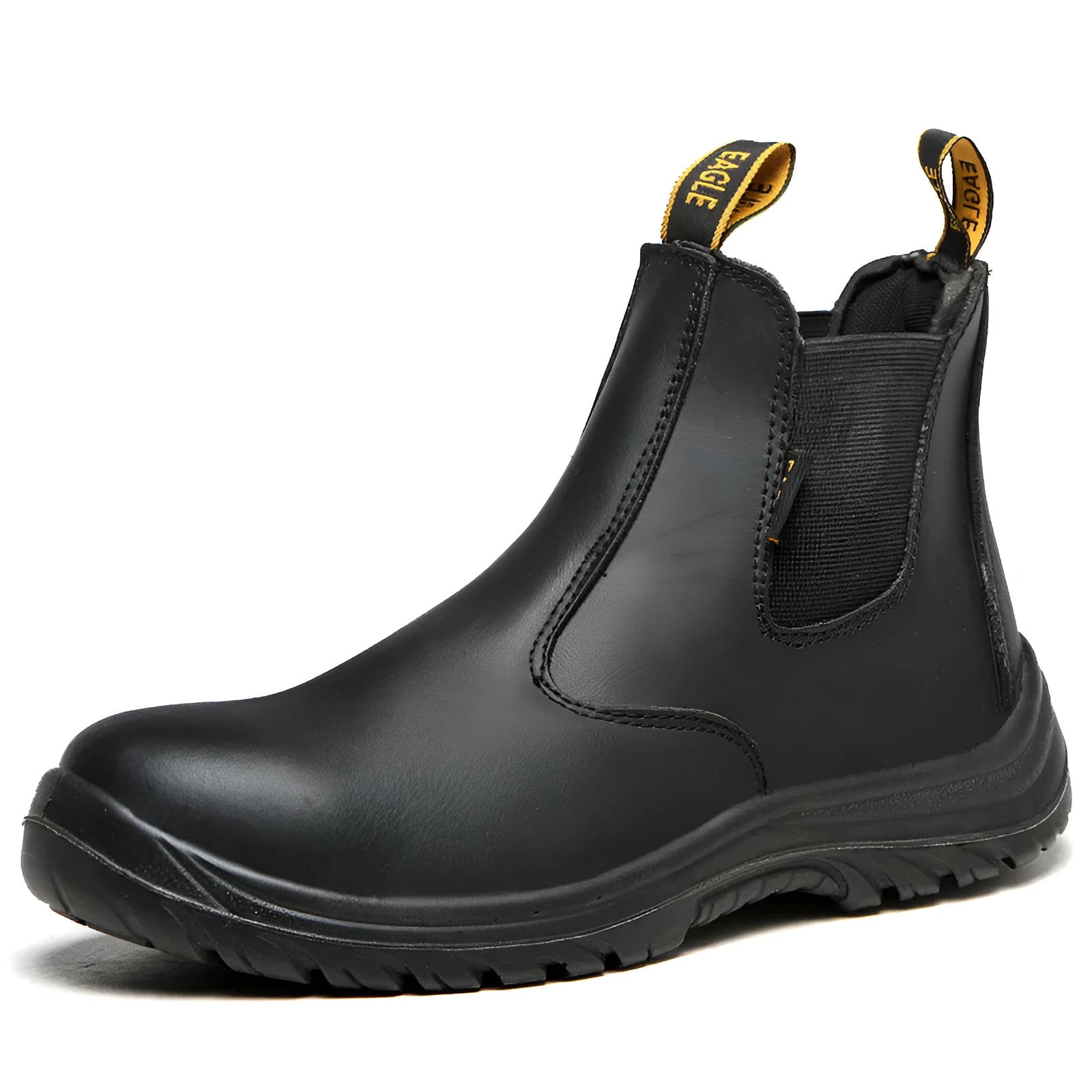 Black high-top leather safety work boots with anti-piercing sole on a grey industrial background