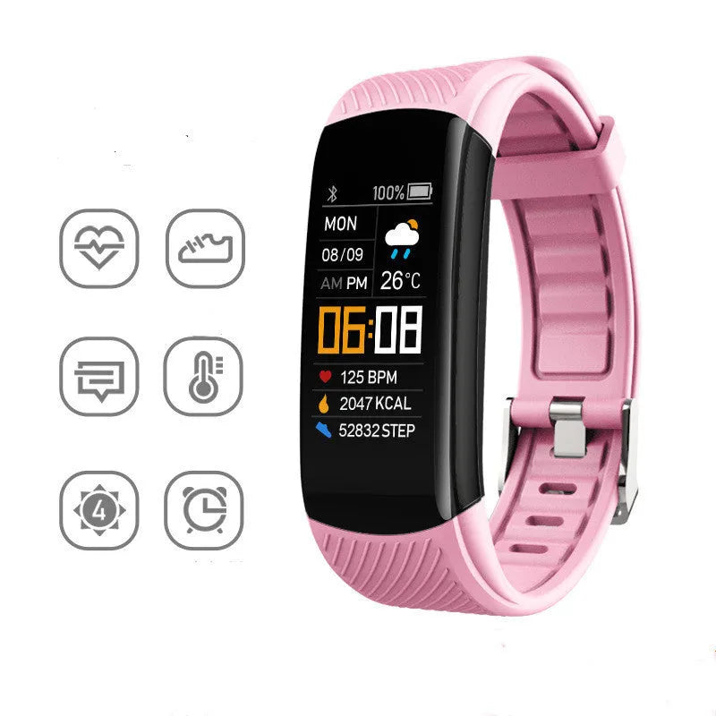 Black waterproof smart fitness tracker bracelet with 0.96-inch screen on a wrist
