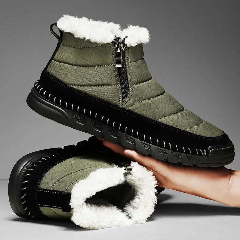Men's plus size snow boots in black colour with round toe and non-slip rubber sole