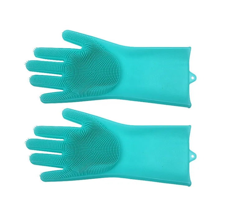 Blue silicone cleaning gloves with textured scrubbing patterns on fingers and palms.