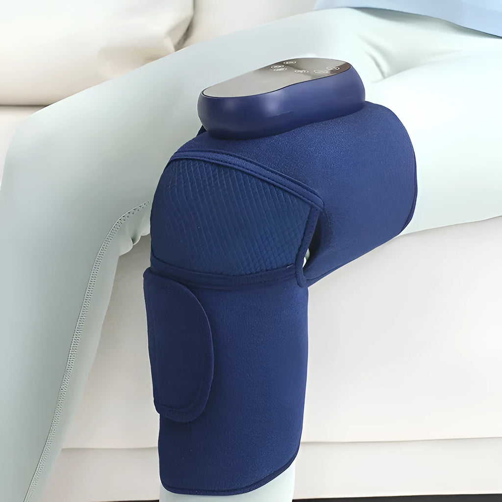 Airbag Blue self-heating knee massager showing wrap-around design for hot compress, vibration, and air pressure functions.