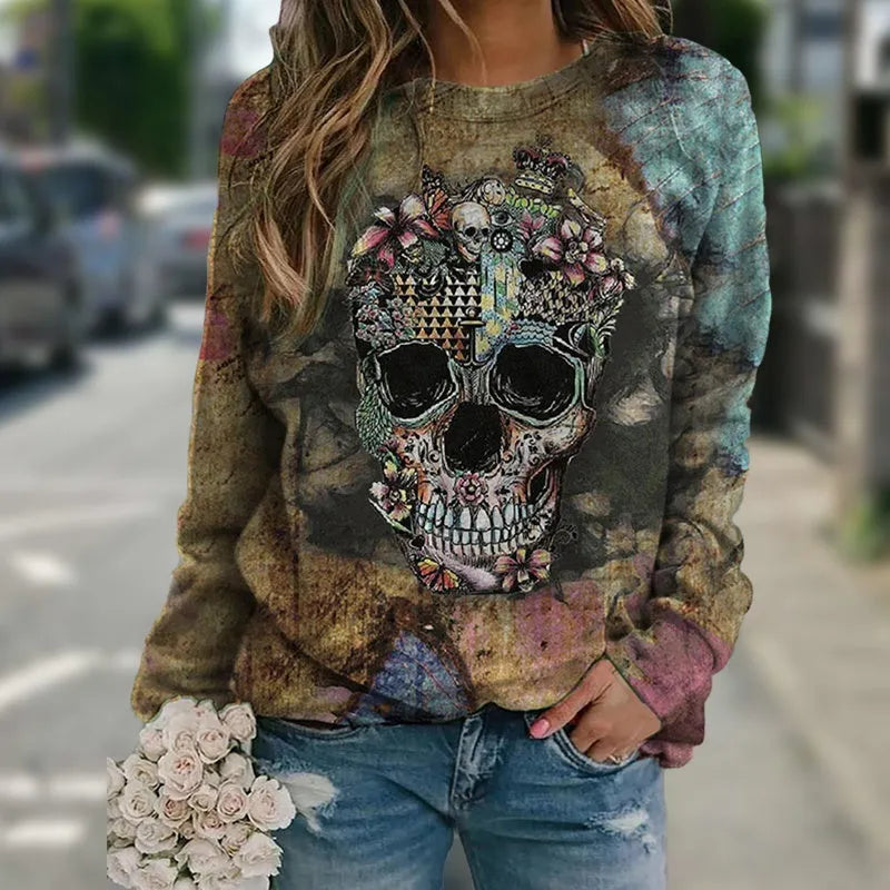 Black men's long sleeve sweatshirt with a detailed skull graphic print on the front.