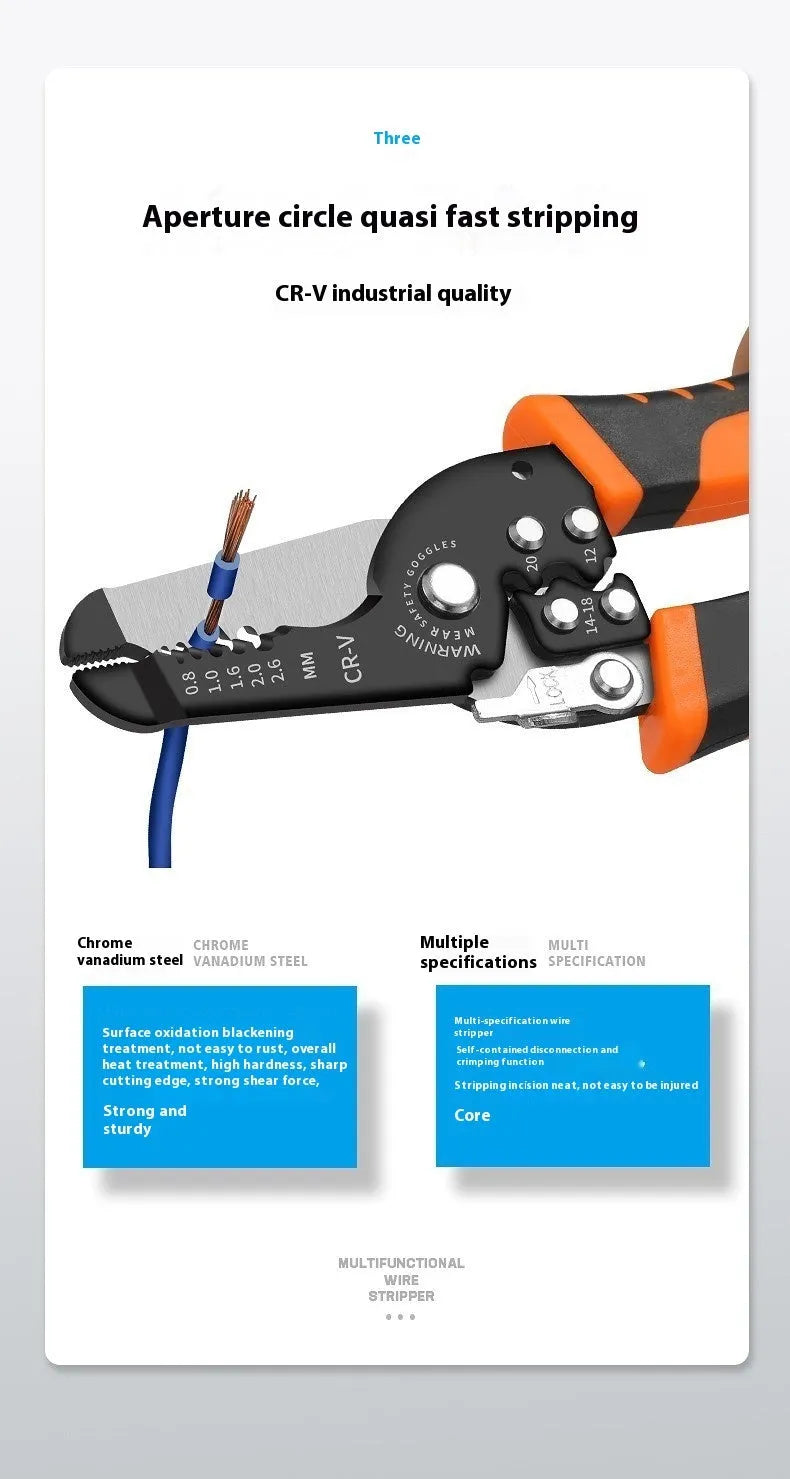 Fully automatic wire stripping pliers with high carbon steel blades and 45# steel construction