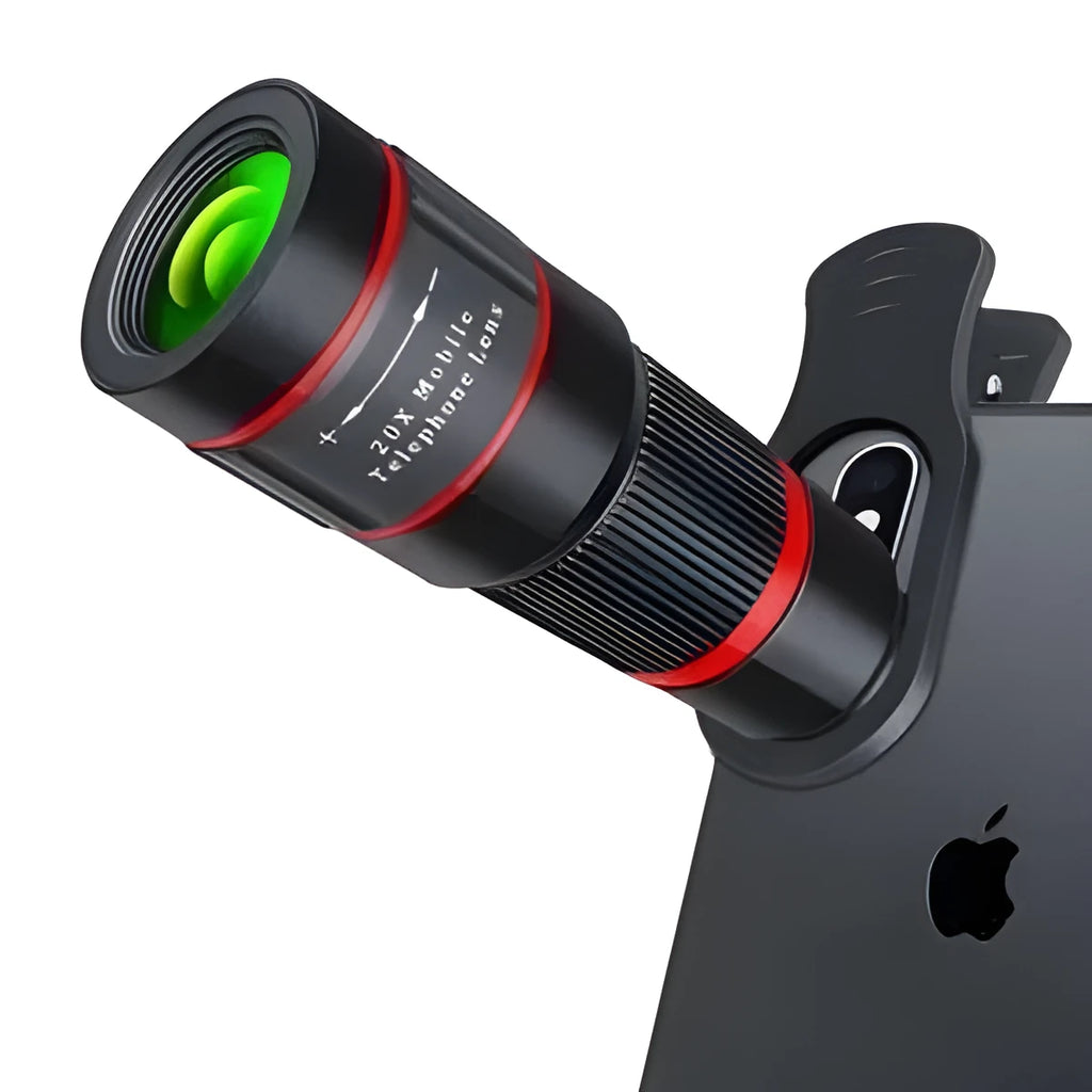 20x magnification smartphone telescope lens with universal mounting clip and eyecup mask on a table.