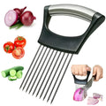 Stainless steel and ABS onion holder slicer for securing tomatoes and vegetables during cutting.