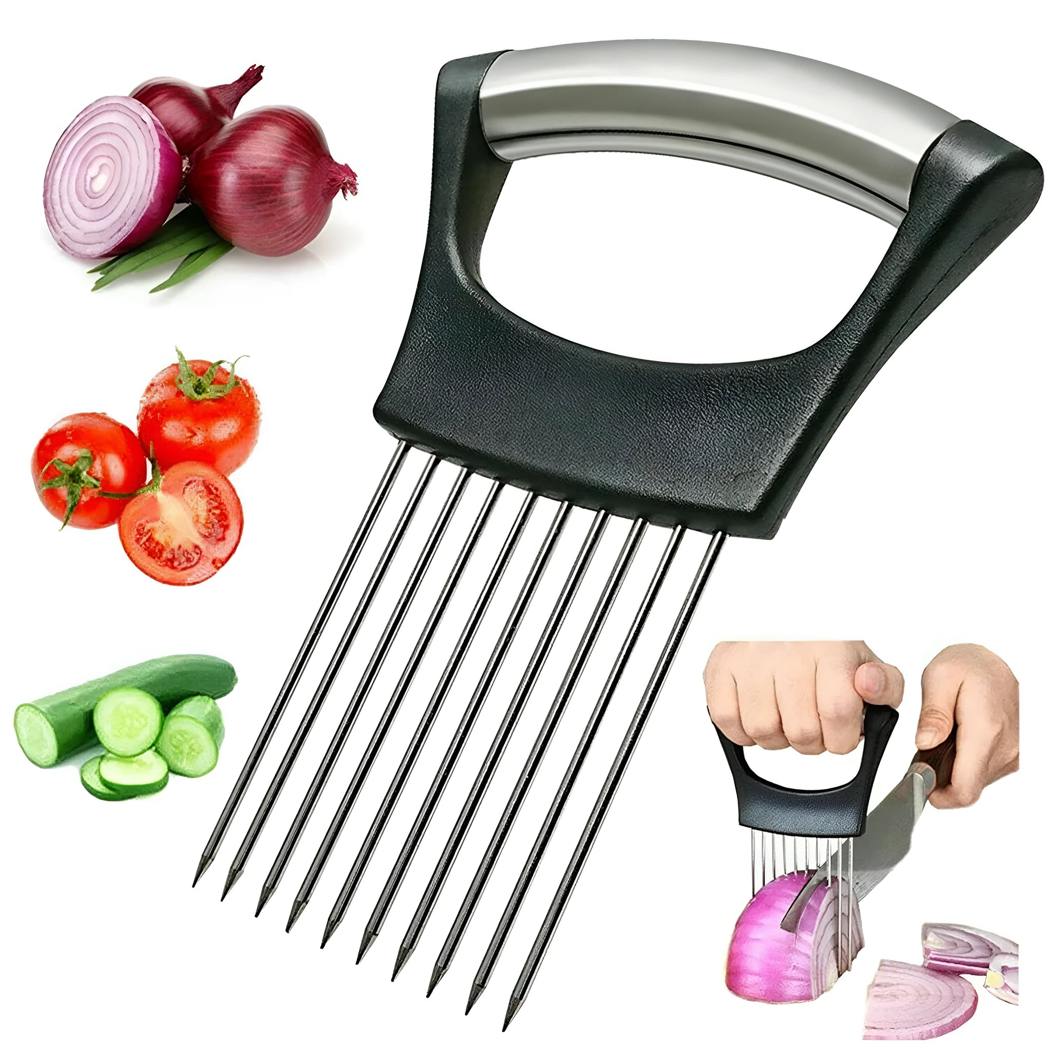 Stainless steel and ABS onion holder slicer for securing tomatoes and vegetables during cutting.
