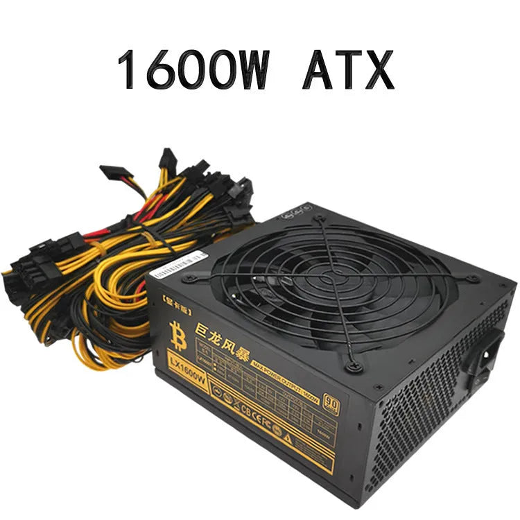 Black server power supply unit with 110V input, multiple GPU power connectors, and a 4+4 CPU pin.