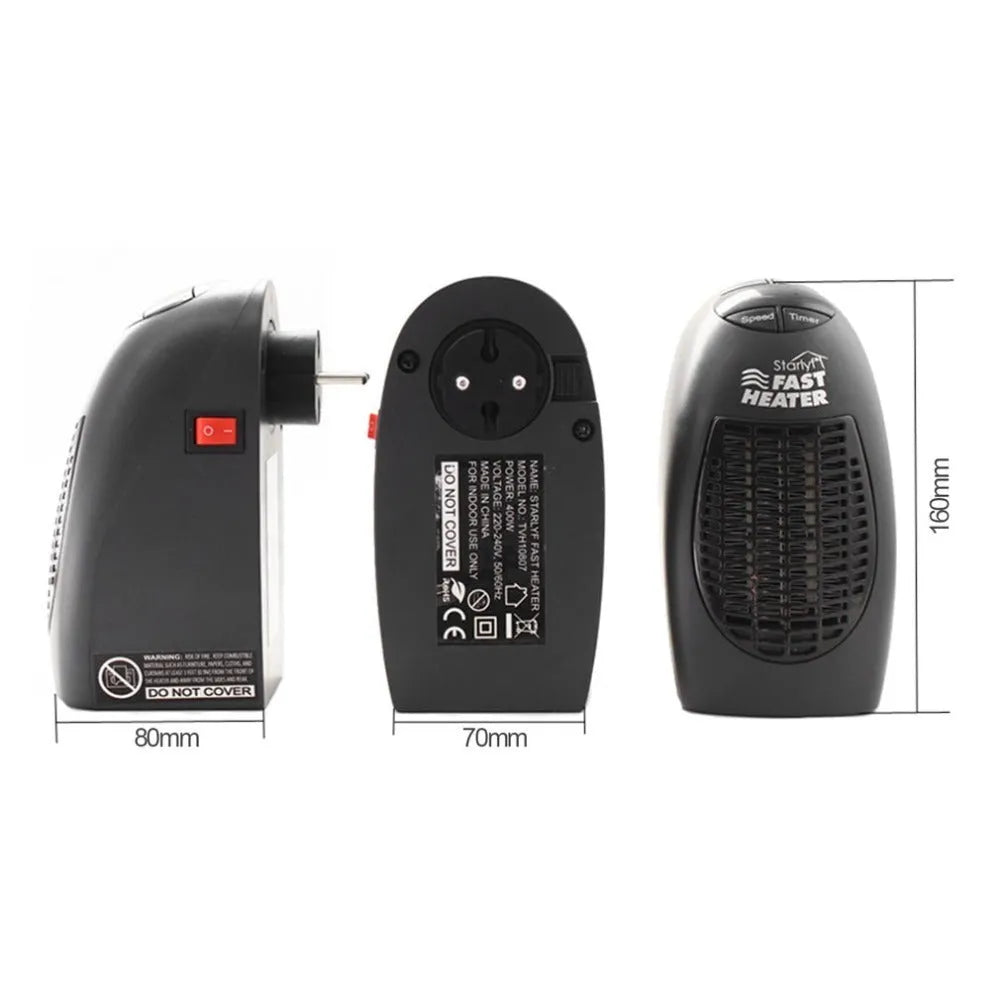 Black compact ceramic heater with digital display and rotating plug on desk