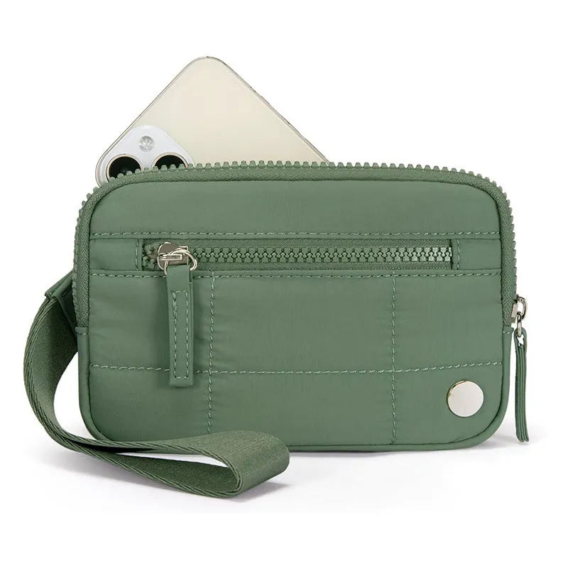 Women's waterproof quilted handbag with transparent deck panel in neutral colour