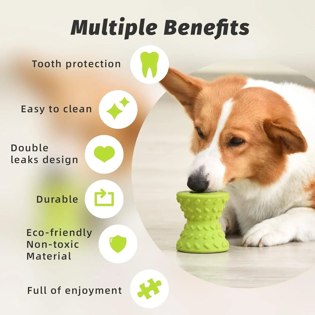 Blue rubber bone-shaped dog toy with hollow centre and food leakage holes