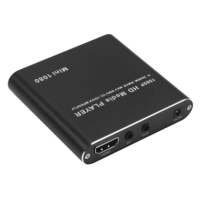 Compact blue or black 1080P media player with HDMI USB ports and all metal casing