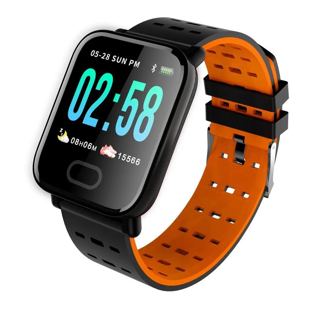 A6 smart bracelet with colour screen and silicone strap in black, blue or orange colours