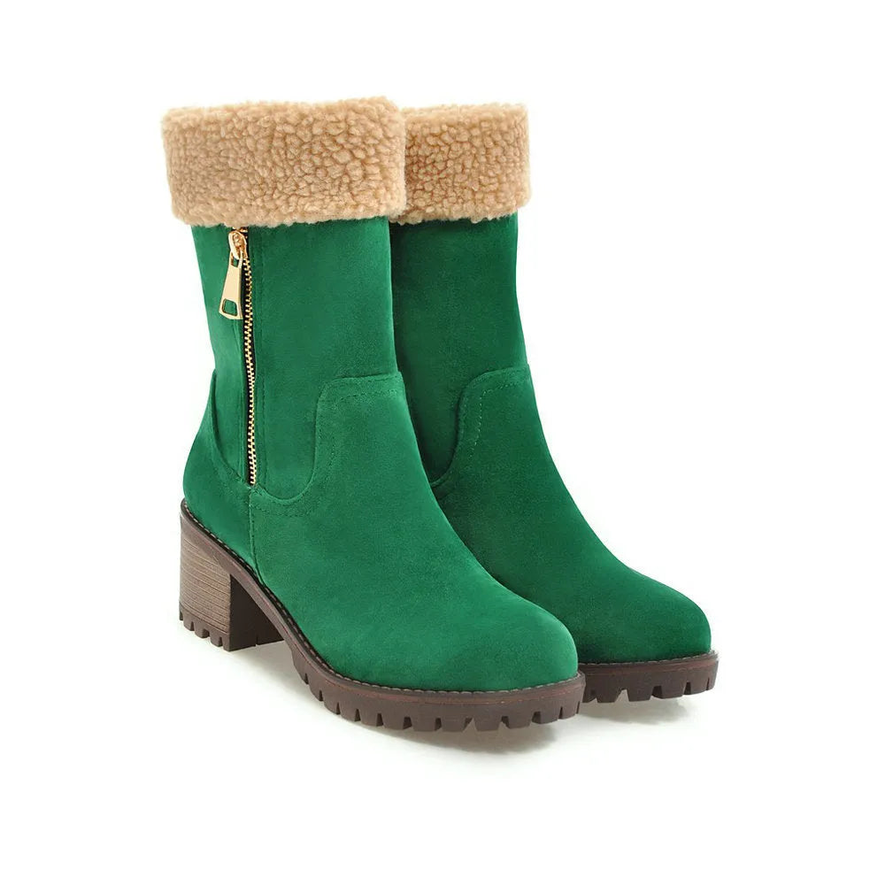 Snow boots with rubber soles and plush lining in black, grey, green, or orange colours