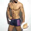 Men's polka dot print swimming boxers in quick-dry nylon fabric shown in available colours