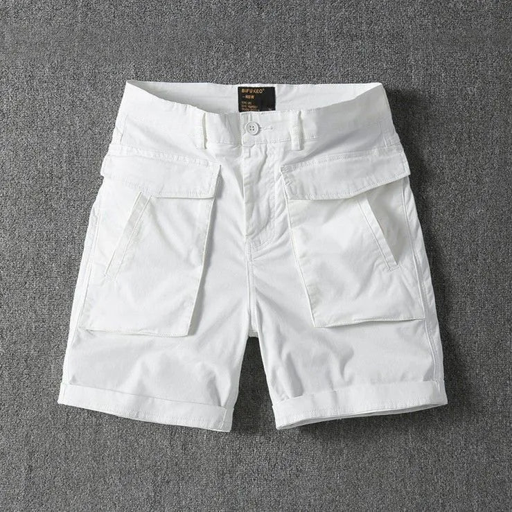 Men's straight cut cargo shorts in cotton with micro-elastic stretch and multiple pockets