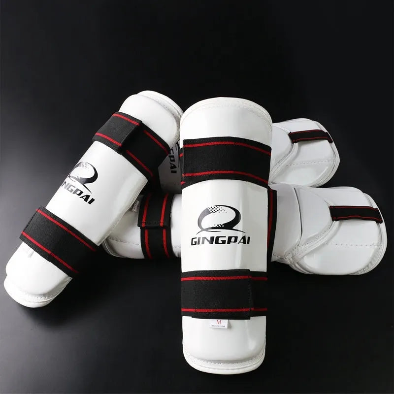 Taekwondo protective gear set showing leggings, arm guard and leg protector in PU EVA material