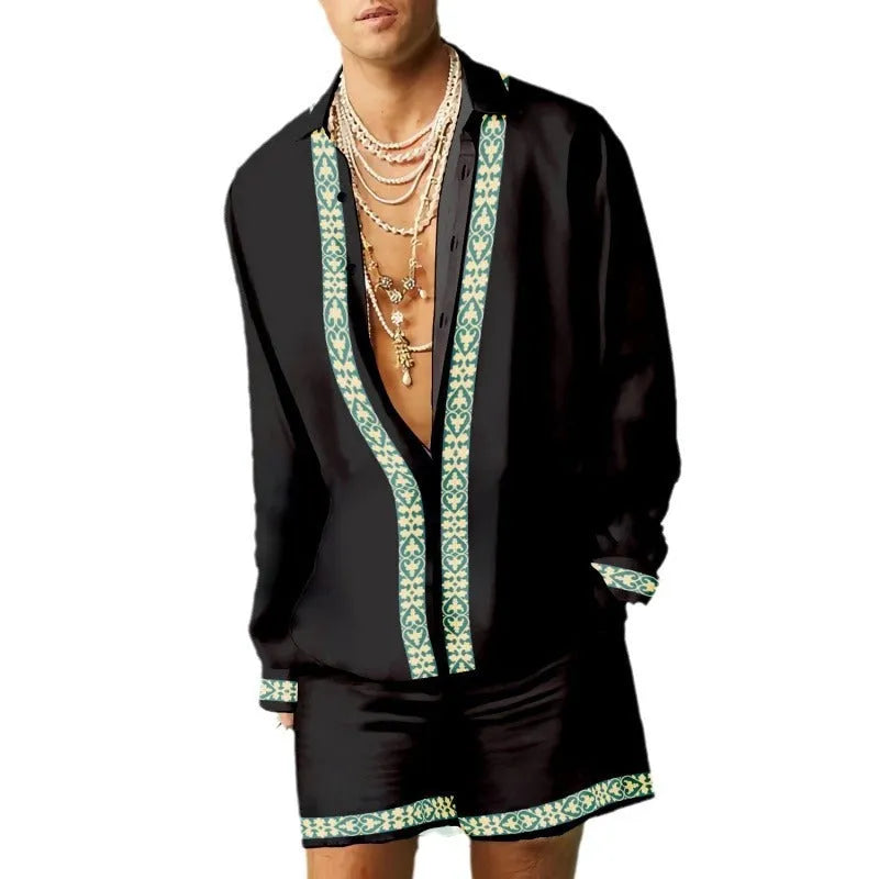 Men's casual summer shirt and shorts matching set in slim fit with long sleeves