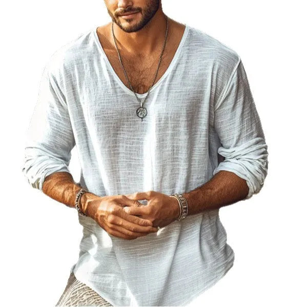 Beige slim fit V-neck long sleeve t-shirt made from hemp blend polyester fabric.