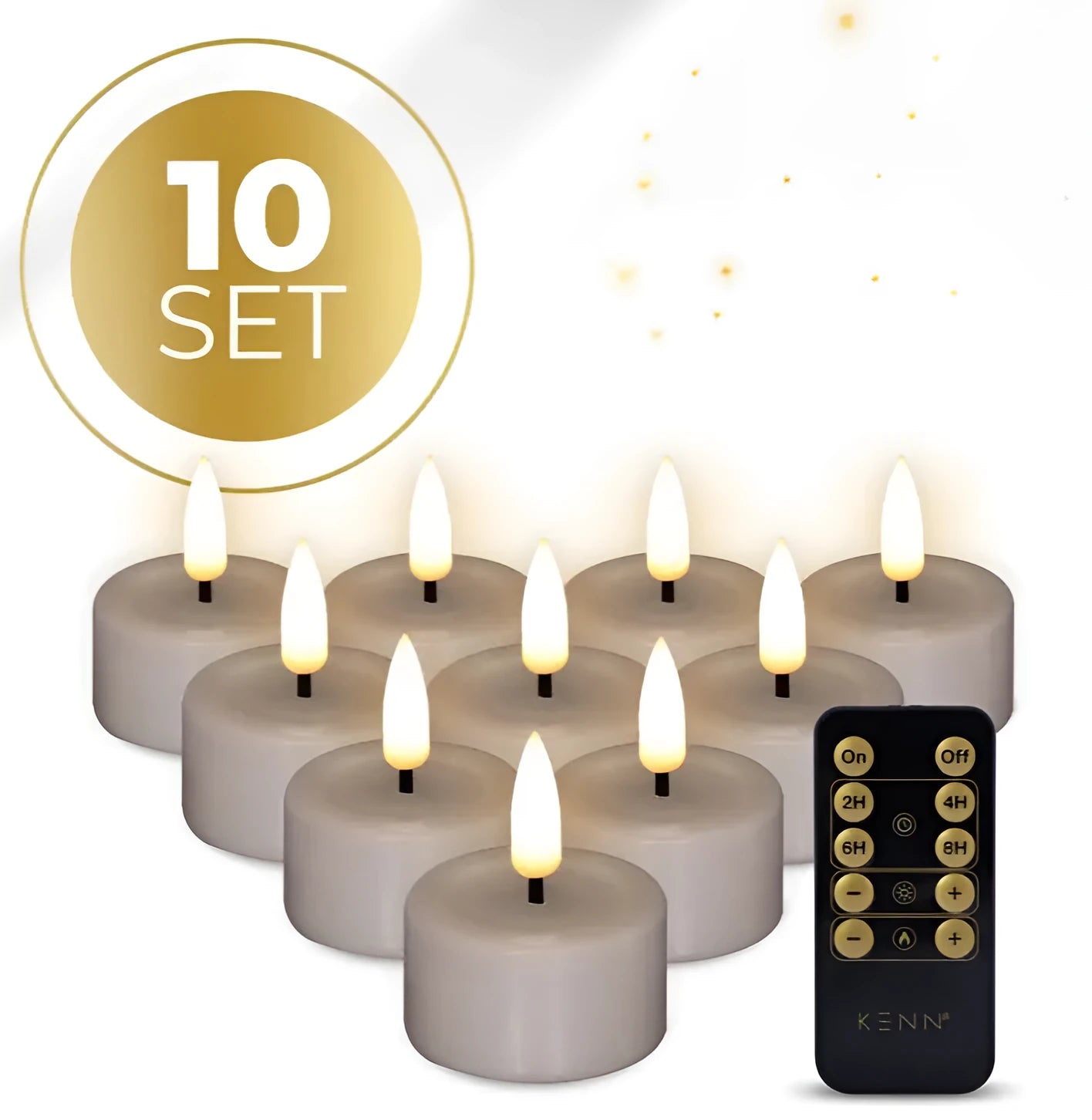 Four taupe-coloured LED tealight candles with 3D flame effect showing flickering warm white glow