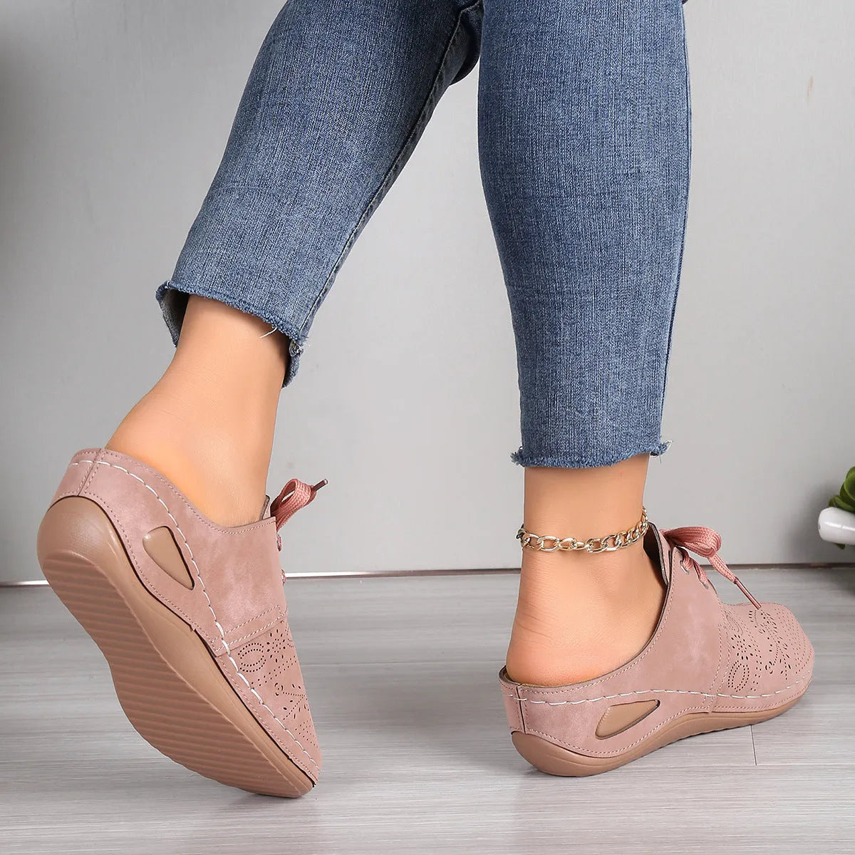 Women's summer lace-up slippers with hollow out wedges in suede and rubber construction