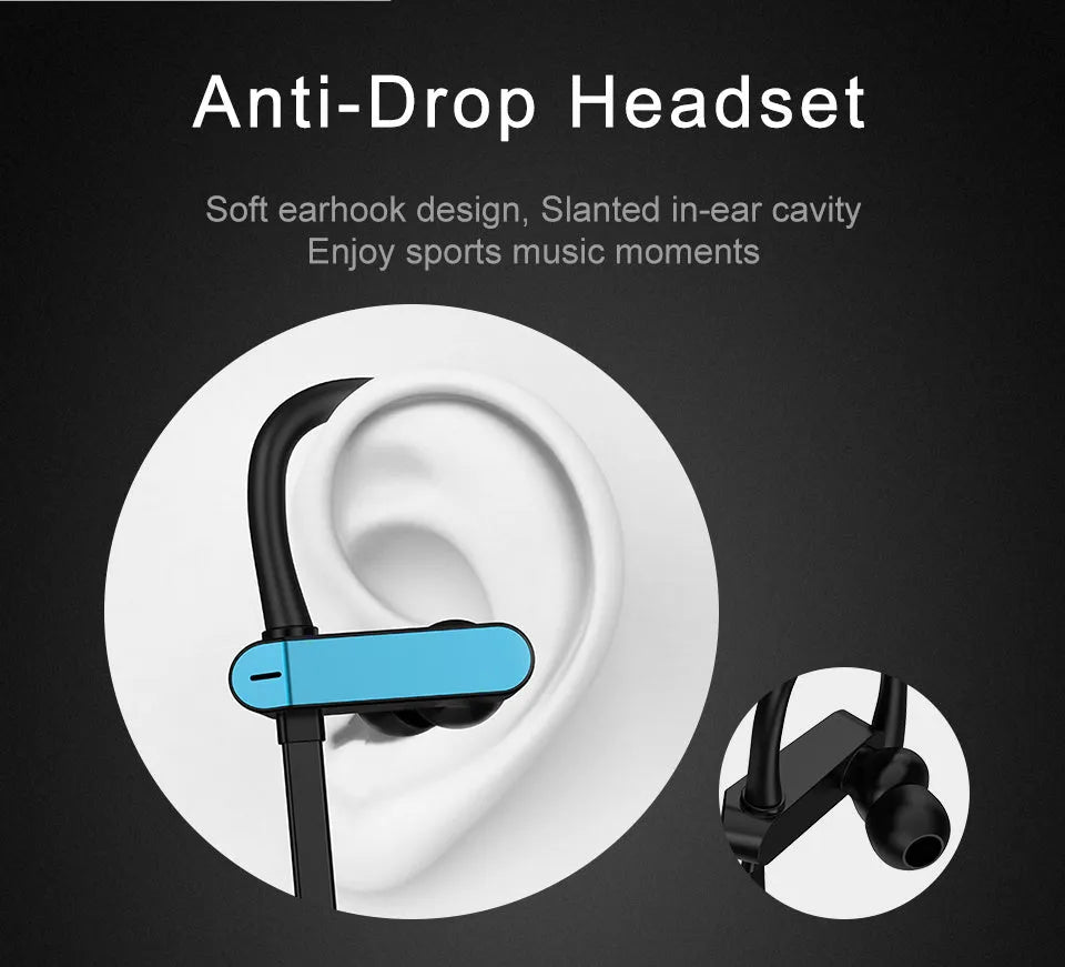 PTM TS27 sport earbuds with black and blue flexible ear hooks and silicone tips for running and gym
