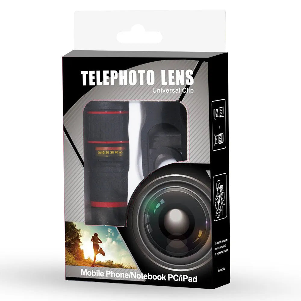 20x magnification smartphone telescope lens with universal mounting clip and eyecup mask on a table.