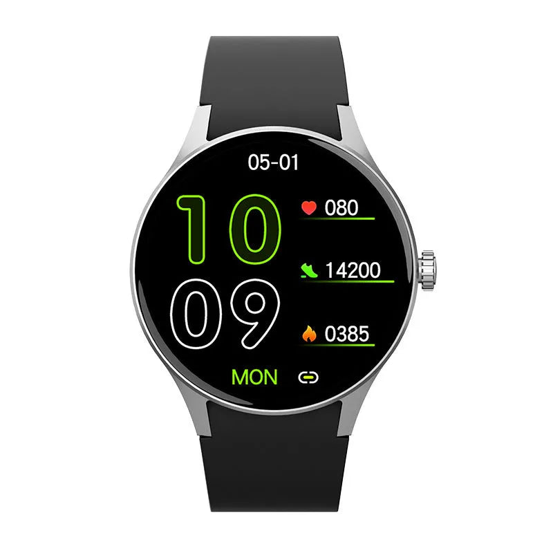 Smart watch with colourful AMOLED display showing health stats, on a silicone wristband.
