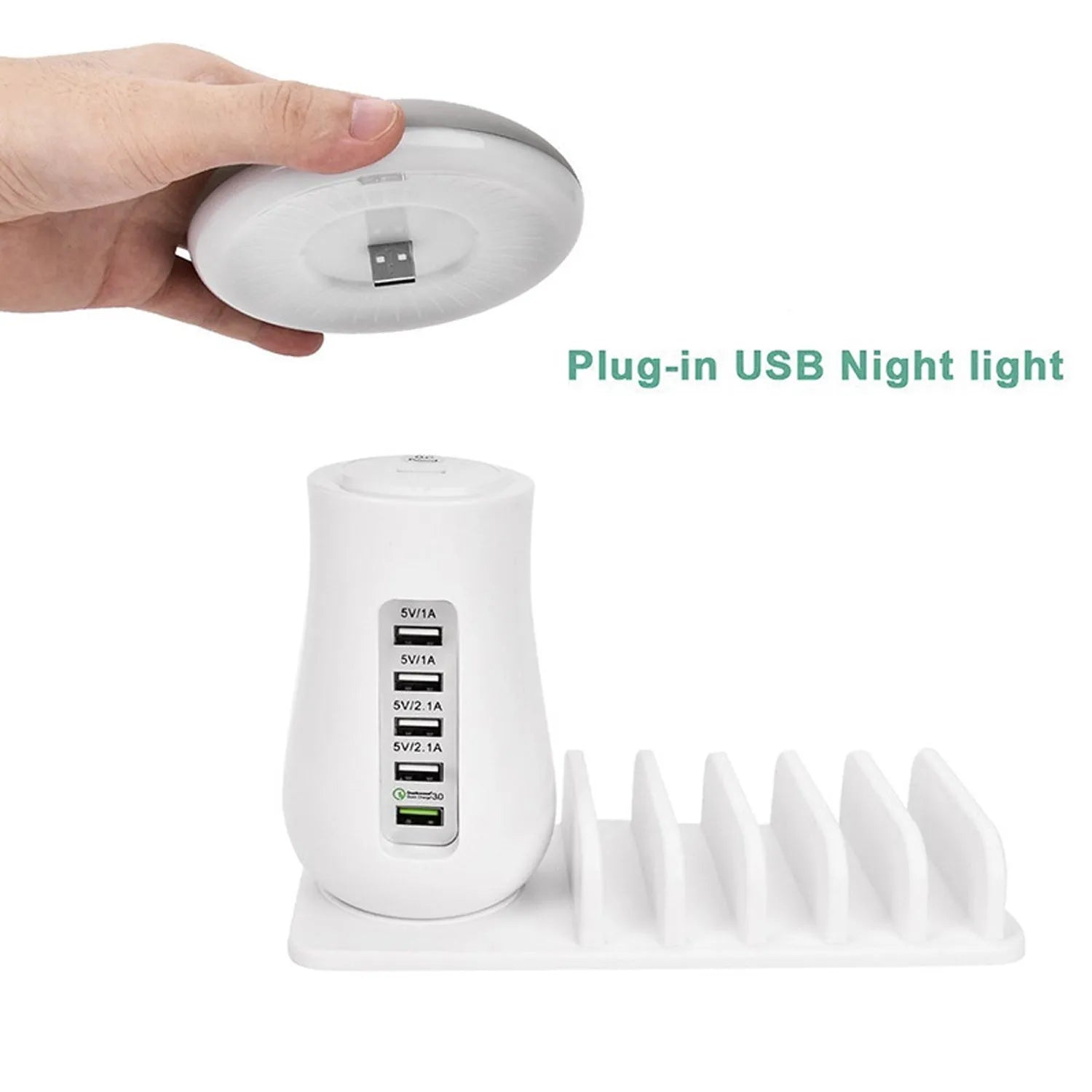 White mushroom-shaped LED desk lamp with a 5-port USB charging station at its base on a wooden table.