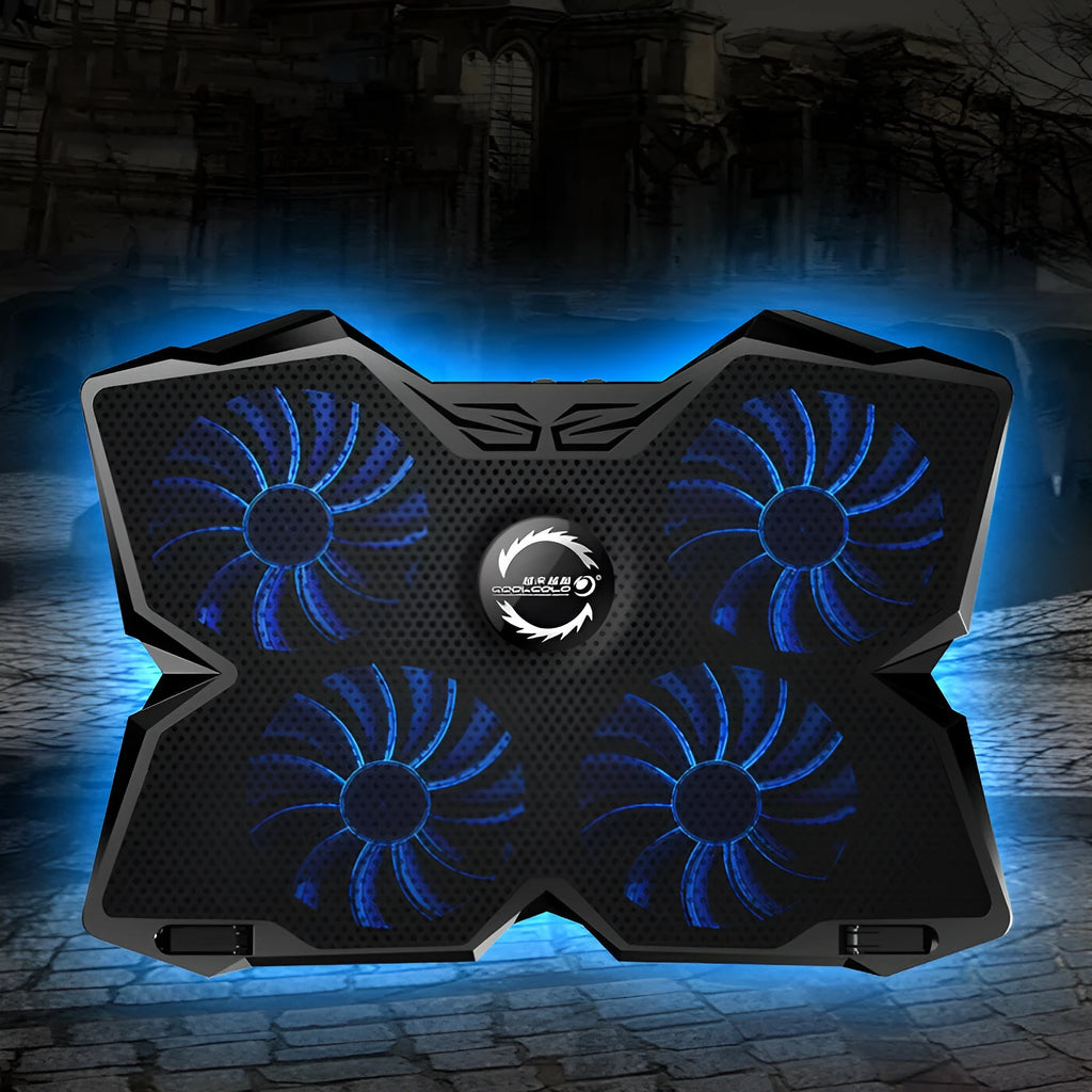 Blue laptop cooling pad with four illuminated fans and two control switches on the front.