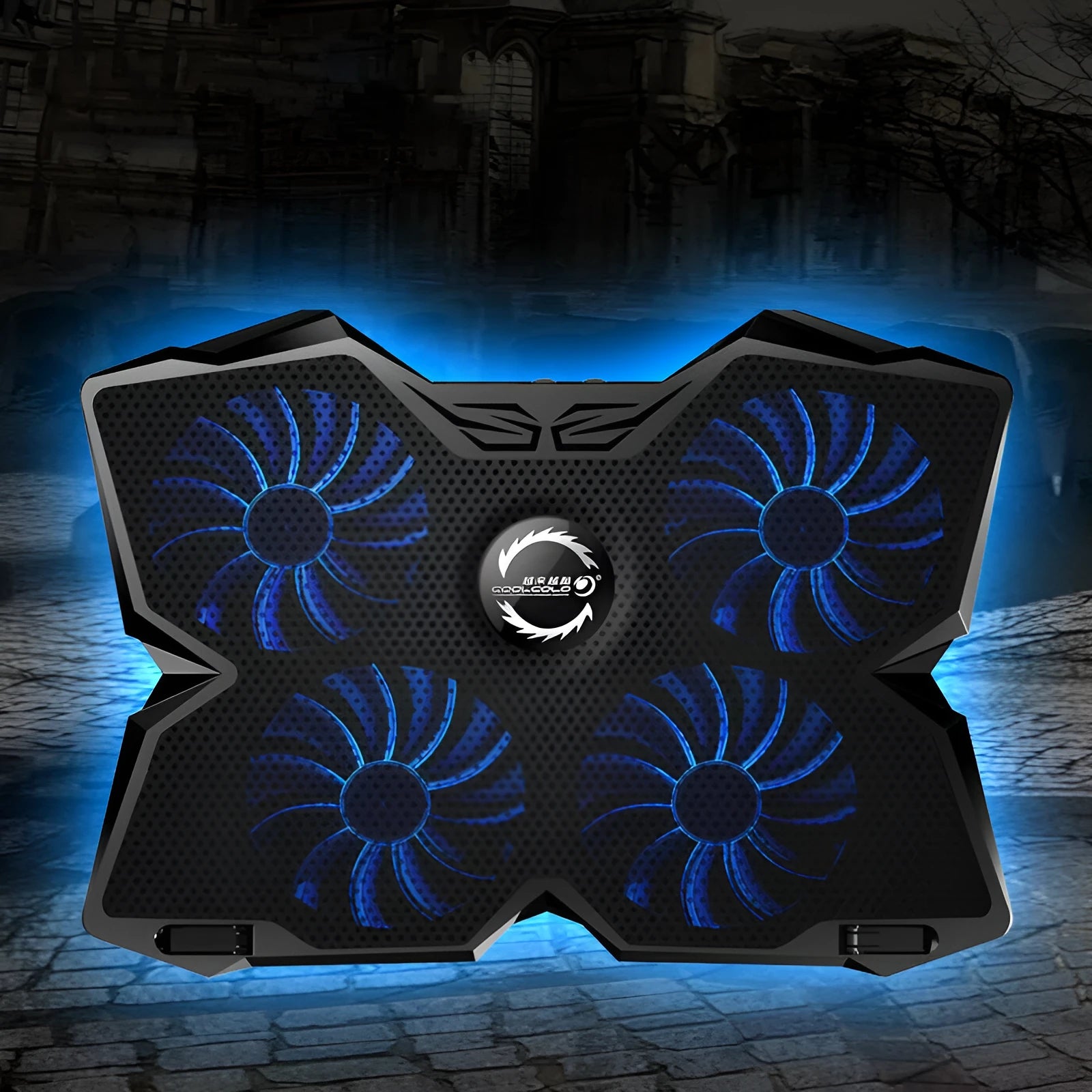 Blue laptop cooling pad with four illuminated fans and two control switches on the front.
