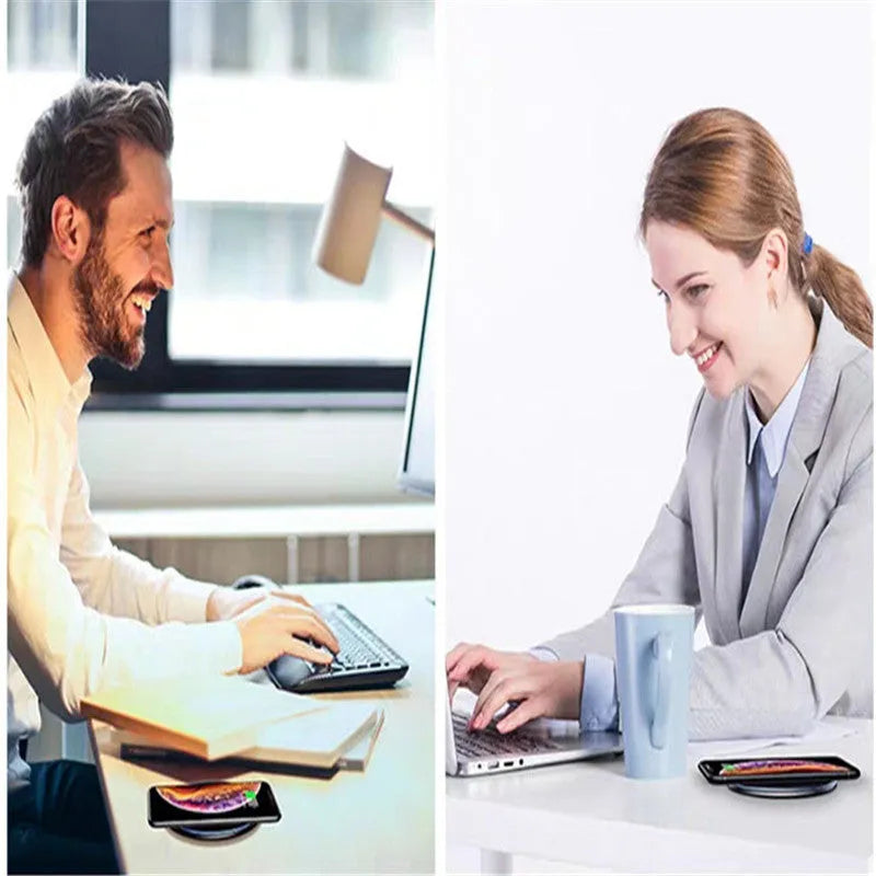 Black wireless charging pad with LED indicator light for smartphones and headphones