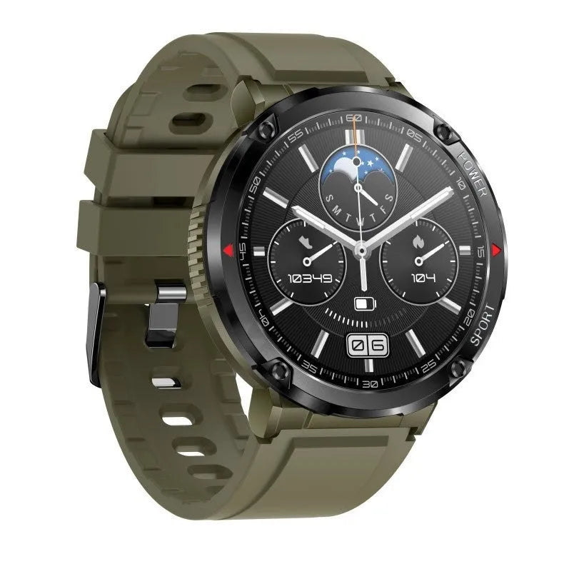 Black T30 Smart Watch with 52mm IPS screen showing Bluetooth calling interface and silicone strap