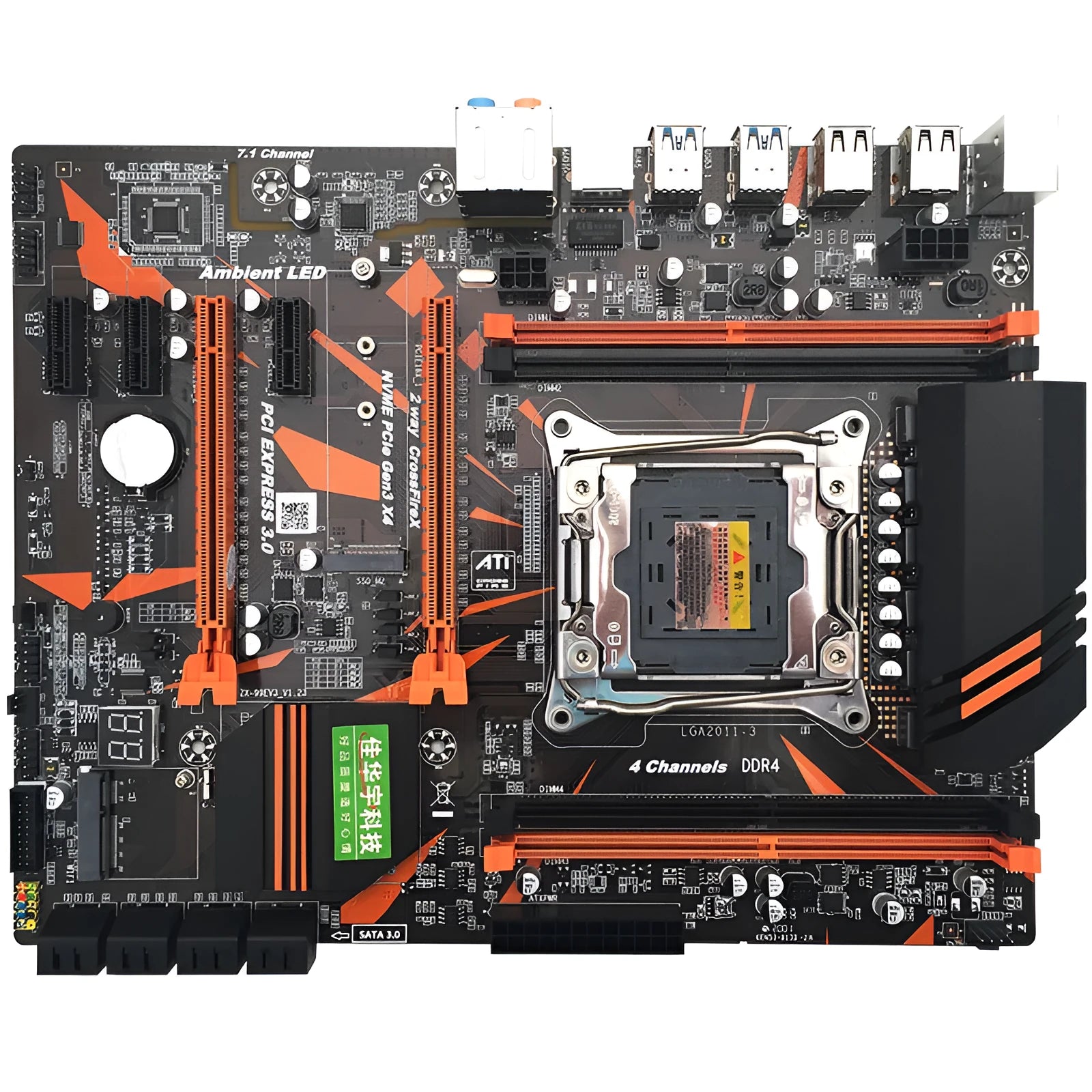 X99 motherboard with LGA2011-3 CPU socket, four DDR4 slots, dual PCI-E x16, and black PCB