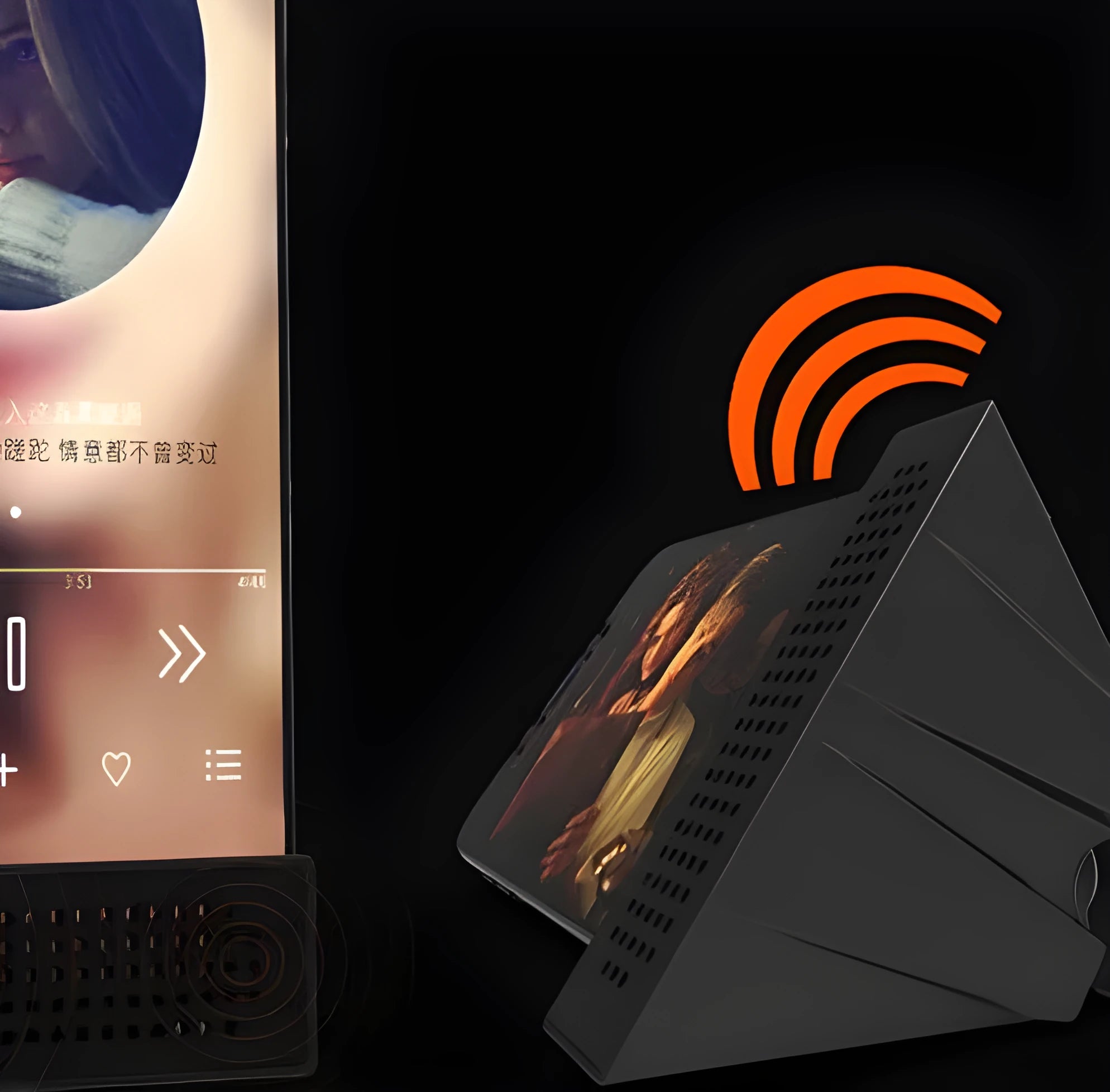 Mobile phone amplifier bracket in ABS plastic showing horizontal film viewing and vertical music listening positions