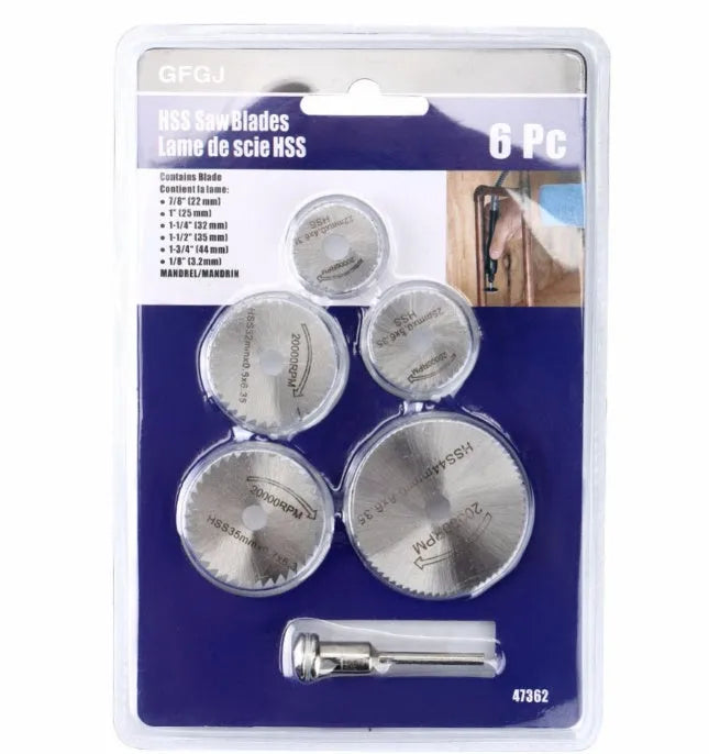 Six circular saw blades with high-speed steel construction showing different diameters from 10-25mm