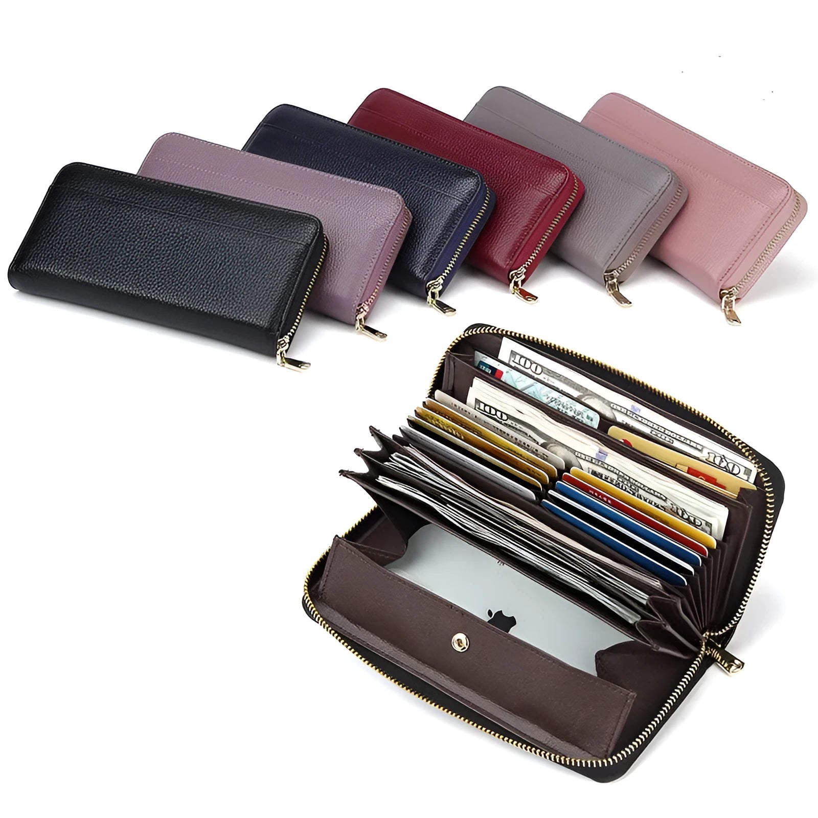 Genuine leather women's wallet in six solid colours with anti-theft card protection feature