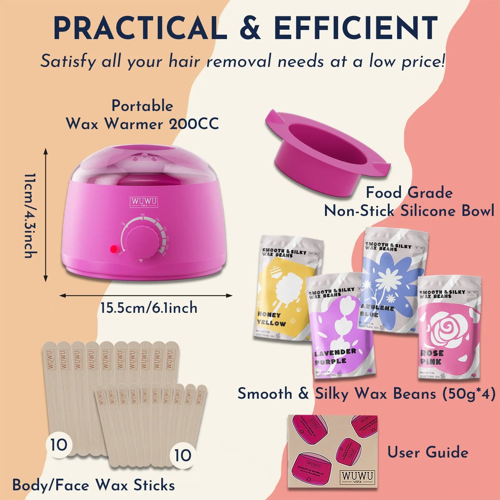 27-piece hair removal wax kit showing wax warmer machine, four coloured wax beads, wax sticks and guidebook