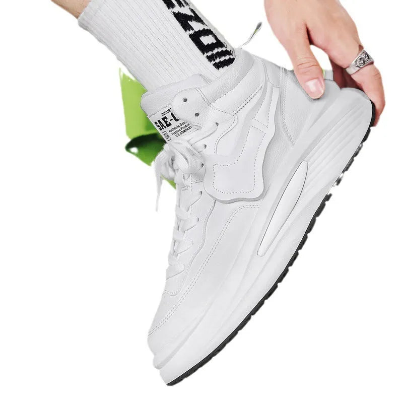 Men's black and white high-top board shoes with round toe and platform design