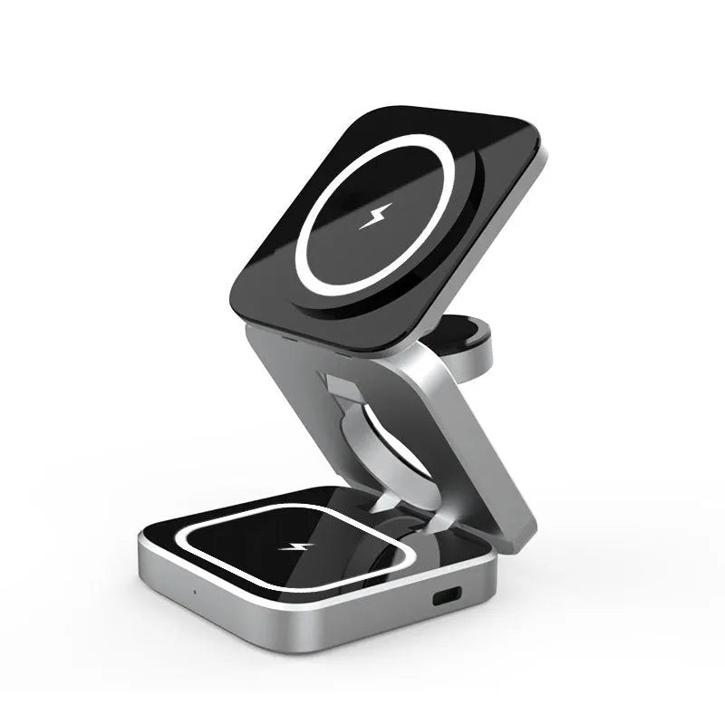 Three-in-one desktop wireless charging bracket for Apple, Samsung and Google Pixel devices with folding design