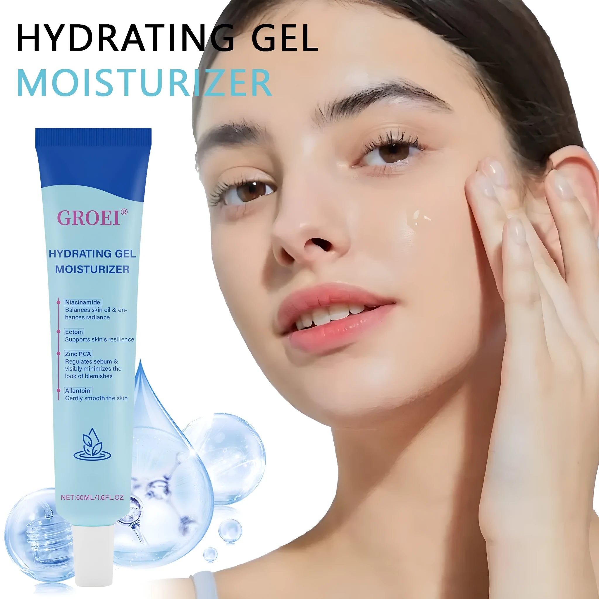 50ml container of hyaluronic acid moisturising facial gel for dry skin hydration.