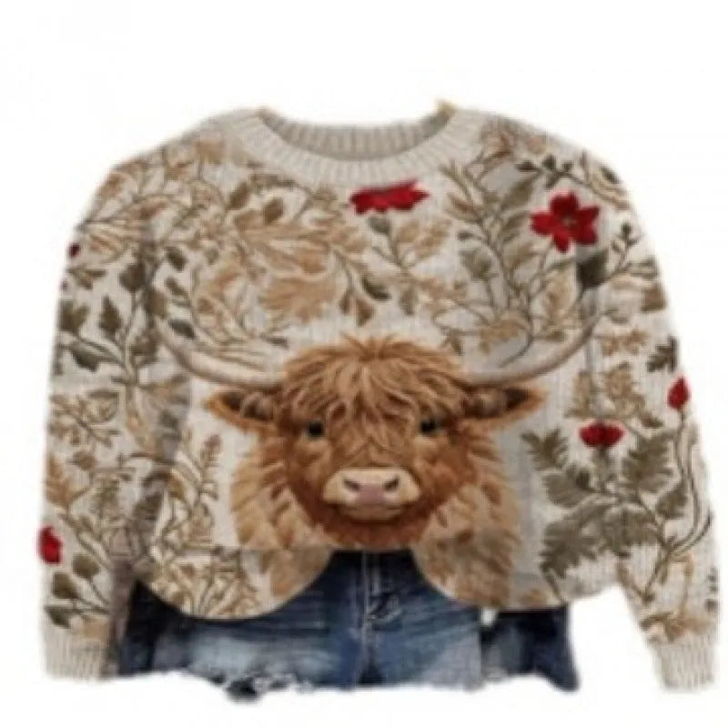 Women's little flower digital printed round neck sweater with floral pattern in polyester knit fabric