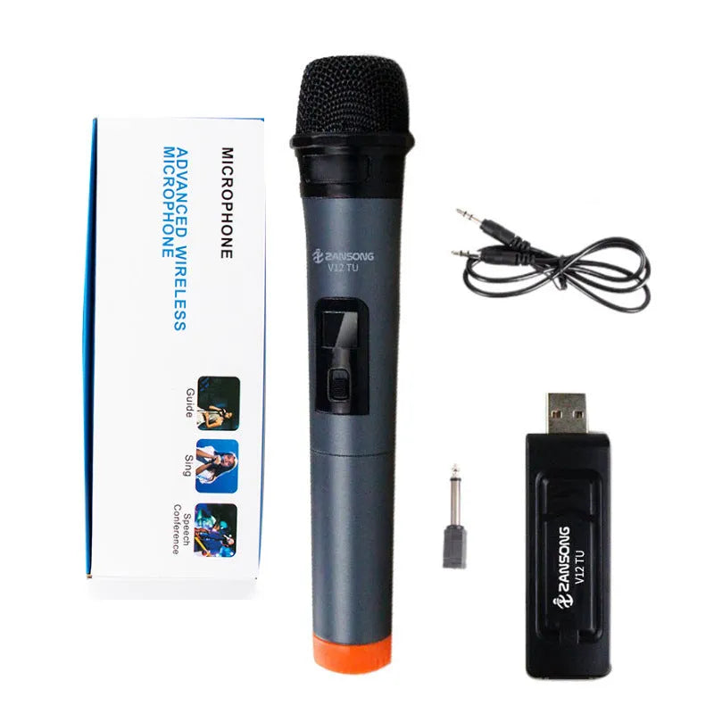 Black ZANSONG V12 wireless dynamic handheld microphone with USB receiver and accessories