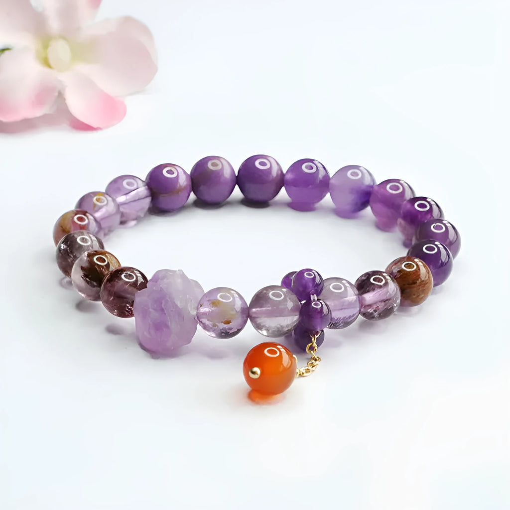 Natural nine purple crystal bracelet with amethyst beads and red agate accents in Mori style
