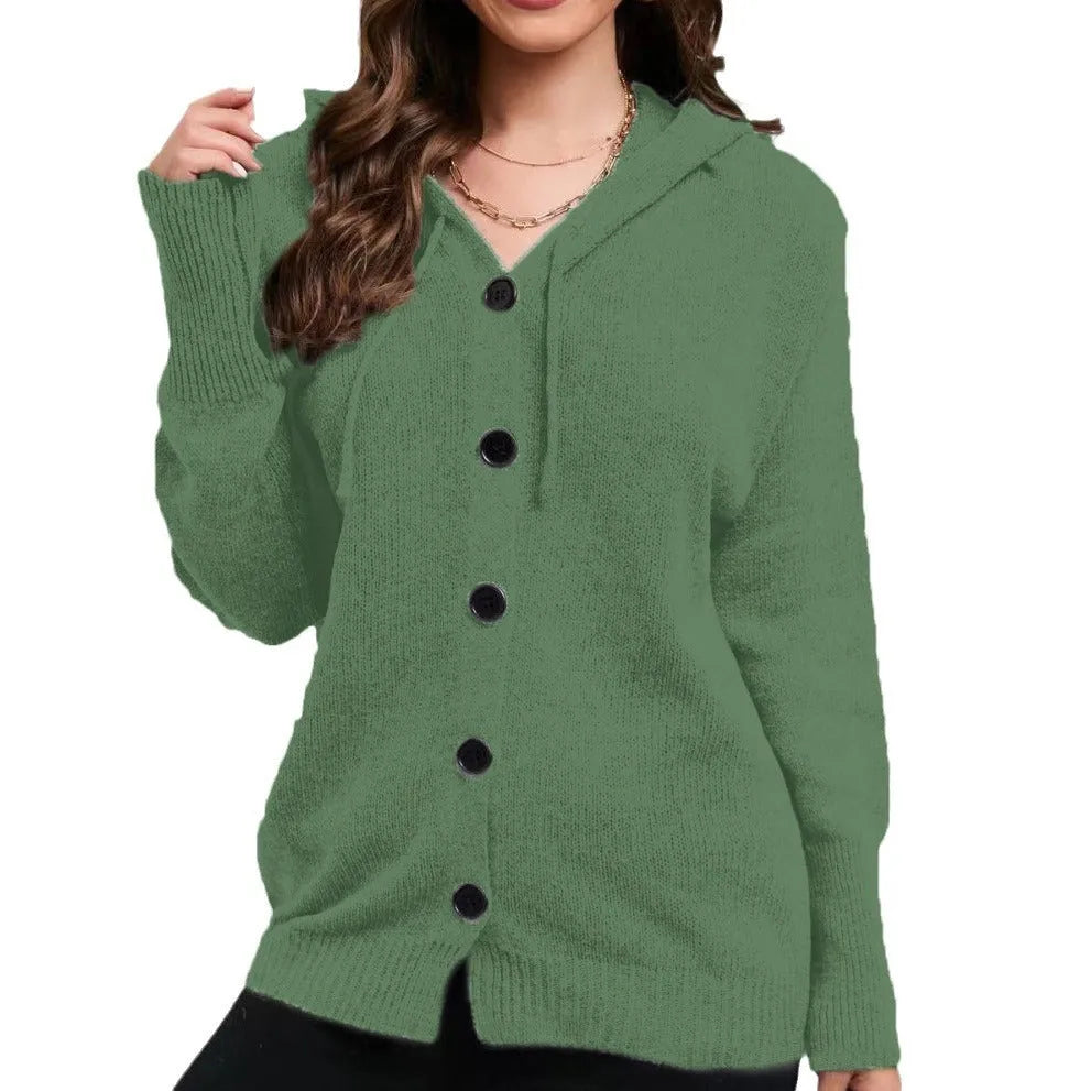 Women's loose hooded cotton sweater in a solid colour with a textured 3D pattern, shown as a cardigan.