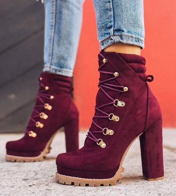 Women's suede thick-heel knee-high boots in army green with rivet details and a round toe.