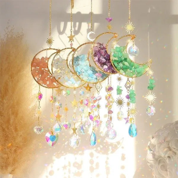 Moon-shaped K9 crystal car pendant on 420mm chain in multiple colour options