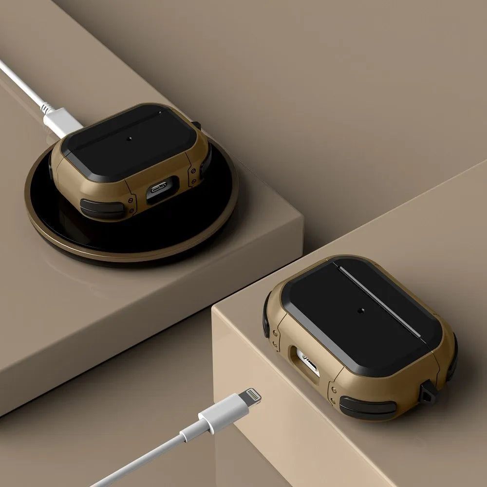 Black TPU and PC protective shell case for AirPods Pro and AirPods 1/2 generation earphones.